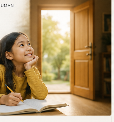 A young learner looking toward an open door — the promise of education that opens possibilities.